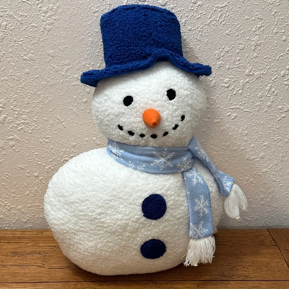Festive Snowman Pillow with Blue Hat and Scarf